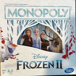 Hasbro Frozen II Monopoly Game with Blue and White Design